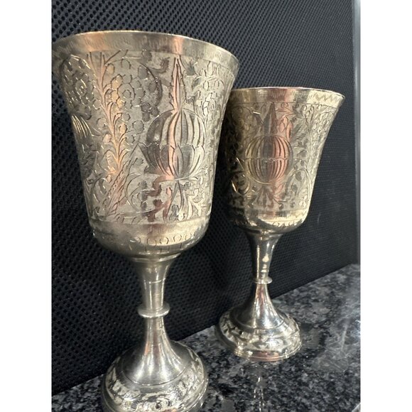 Vintage Silver-Plated Brass  Goblets Set Of 2 With Floral Etched - Picture 2 of 11